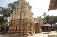 Rear view of shrine with ornate sikhara, mantapa half pillars and gopura of Someshwara Temple at Kolar
