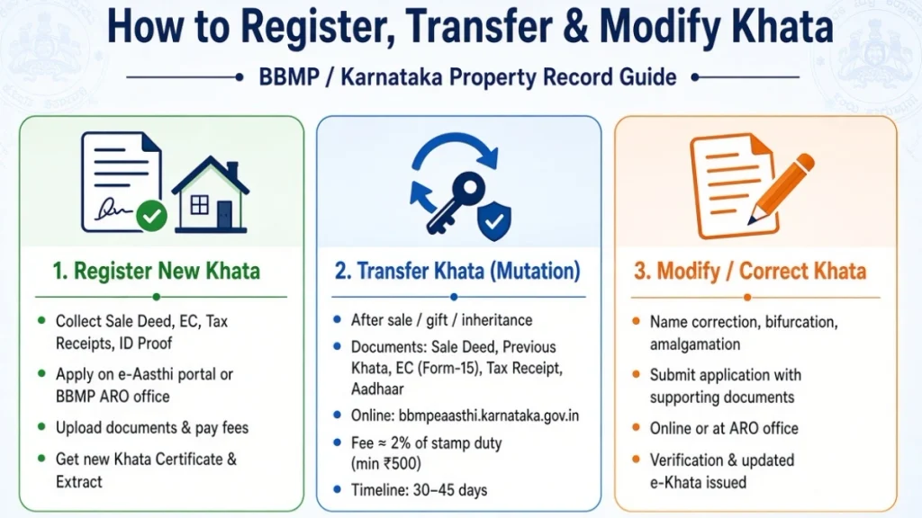 Khata is required when selling a property, carrying out any type of property trade, obtaining a loan on a property from a bank, applying for civic amenities like electricity and water connection, and paying property tax.