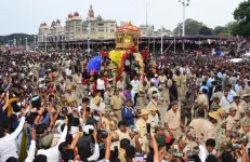 Elephants of Mysore Dasara: the golden howdah elephant in the Jamboo Savari outside Mysore Palace