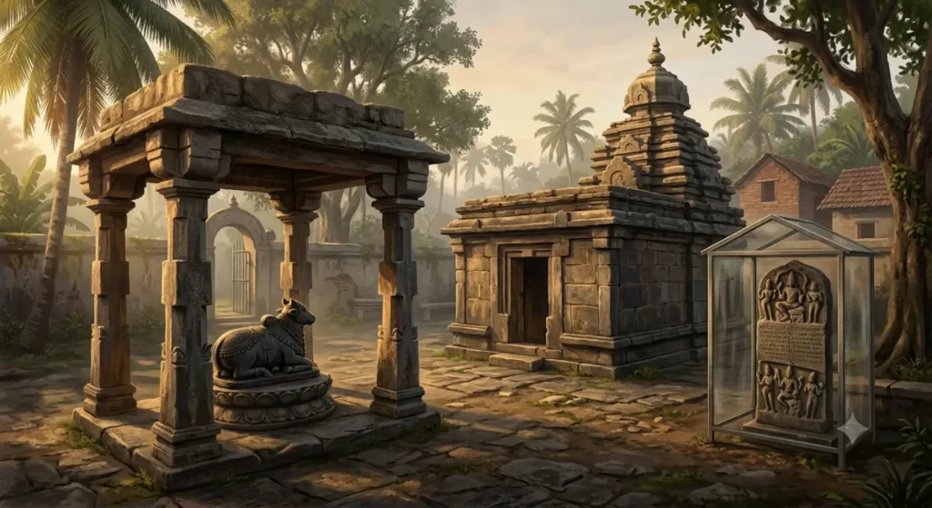 Begur Panchalingeshwara Temple complex in Bengaluru, granite shrine and hero stone from the Western Ganga era