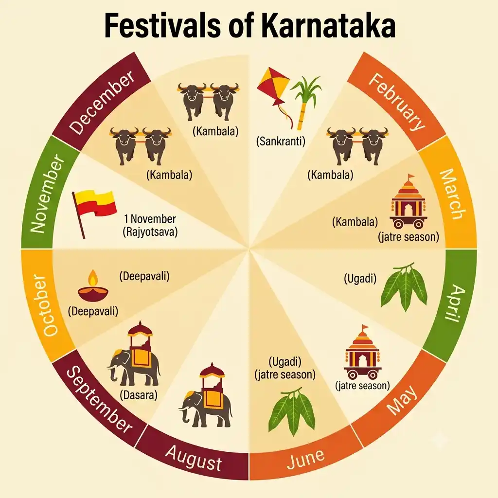 Illustrated month-by-month calendar of the festivals of Karnataka