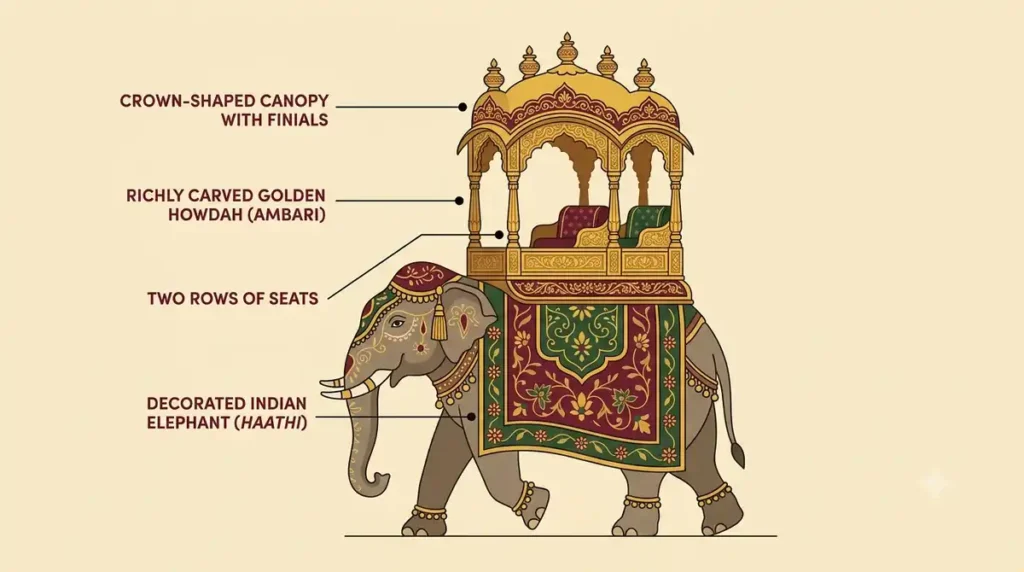 Illustration of the Mysore Ambari golden howdah with its canopy, five kalashas, pillars and seats labelled
