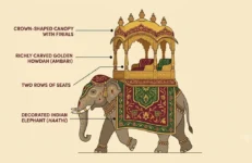 Illustration of the Mysore Ambari golden howdah with its canopy, five kalashas, pillars and seats labelled